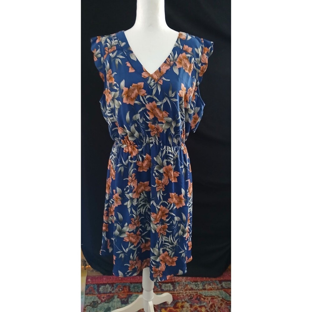 41 HAWTHORN Navy Blue Peach Floral Ruffle Cap Sleeve Dress NWOT Large